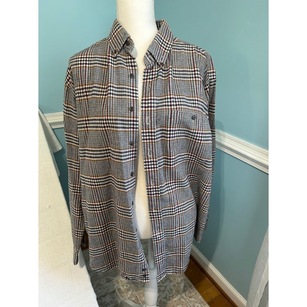 Woodbourne Road Cotton Plaid Button Down Shirt Large Brown Burgundy Glen Check